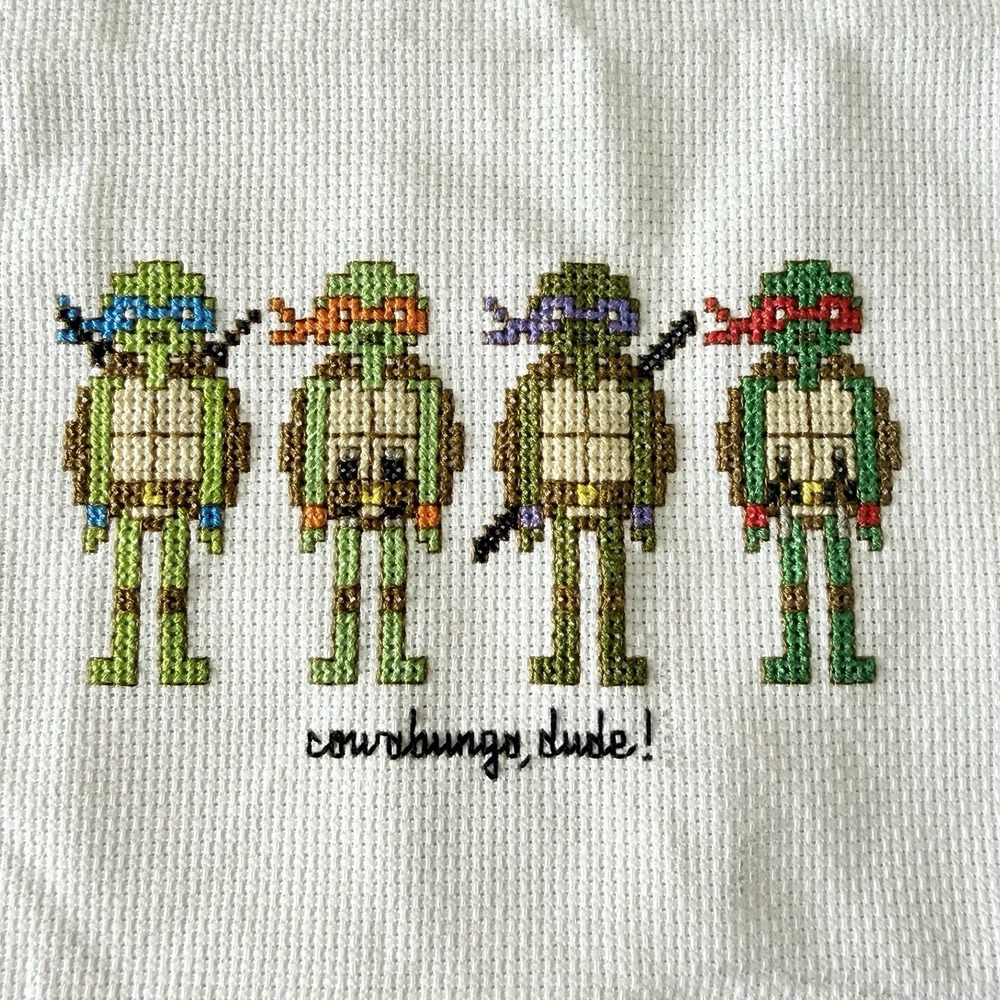 VTG Handmade TEENAGE MUTANT NINJA TURTLES COMPLETED CROSS STITCH Cowabunga, Dude
